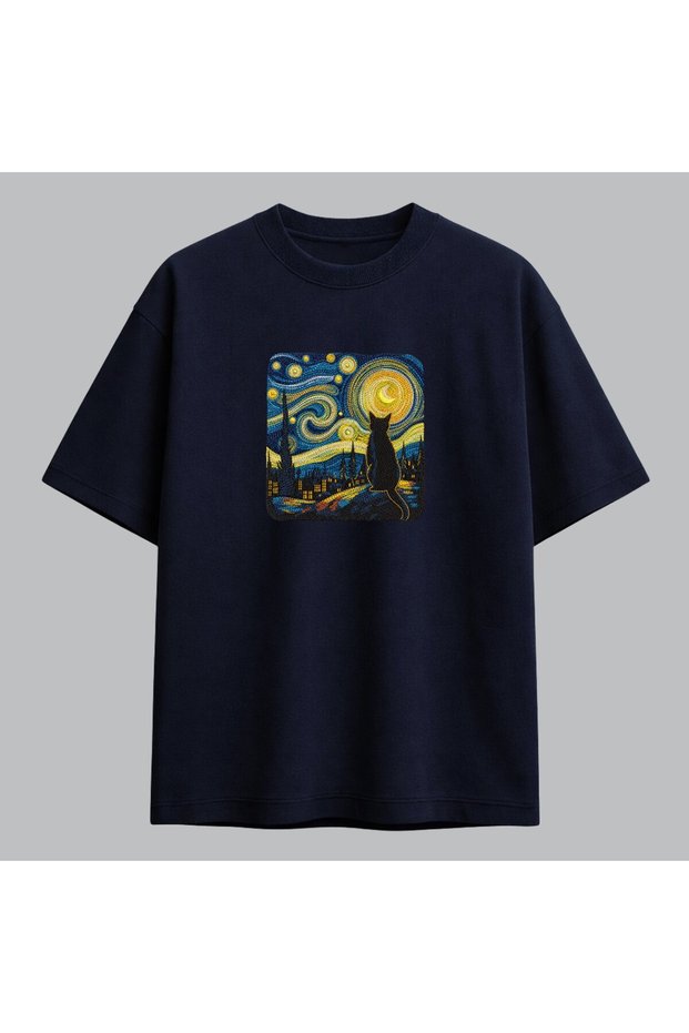 Van Gogh Starry Night and Cat Embroidered T-Shirt Unisex 100% Cotton