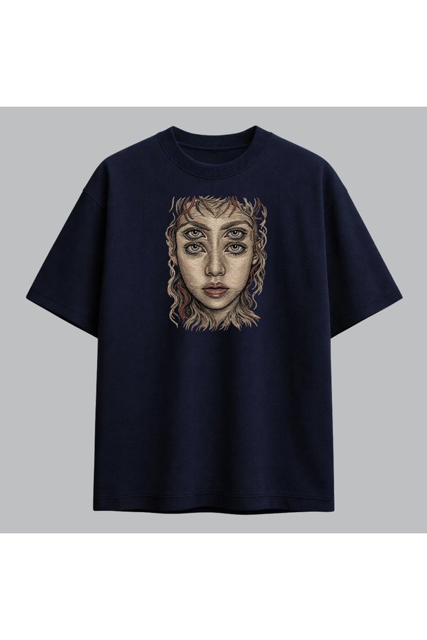 Four-Eyed Woman Portrait Surreal Art Embroidered T-Shirt Unisex 100% Cotton