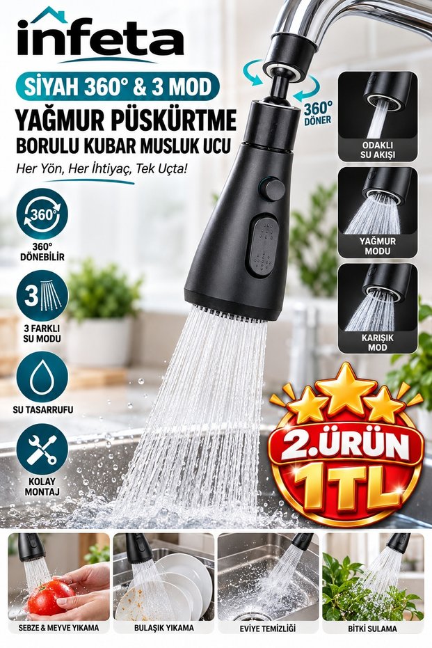 Black 360 ° Rotary 3-Mode Faucet Nozzle Rain Spray Moving Head