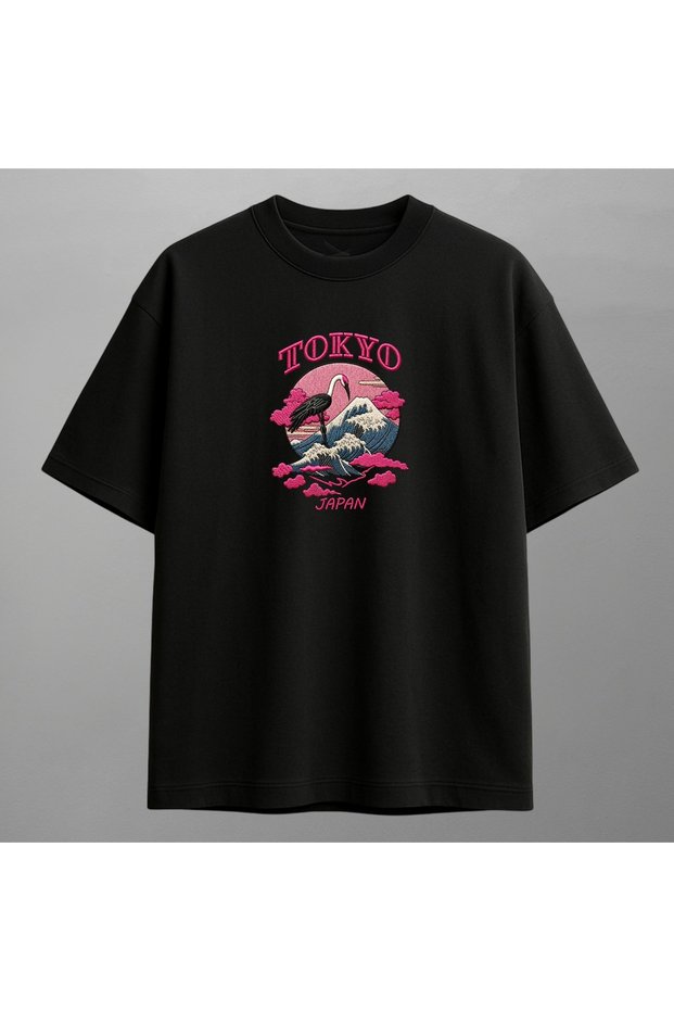 Tokyo Japan Crane and Great Wave Embroidered T-Shirt Unisex 100% Cotton
