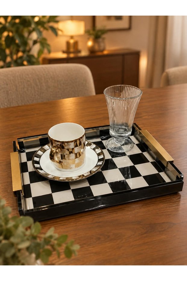 Black&Cream Checkered Patterned Plexiglass Single Presentation Tray