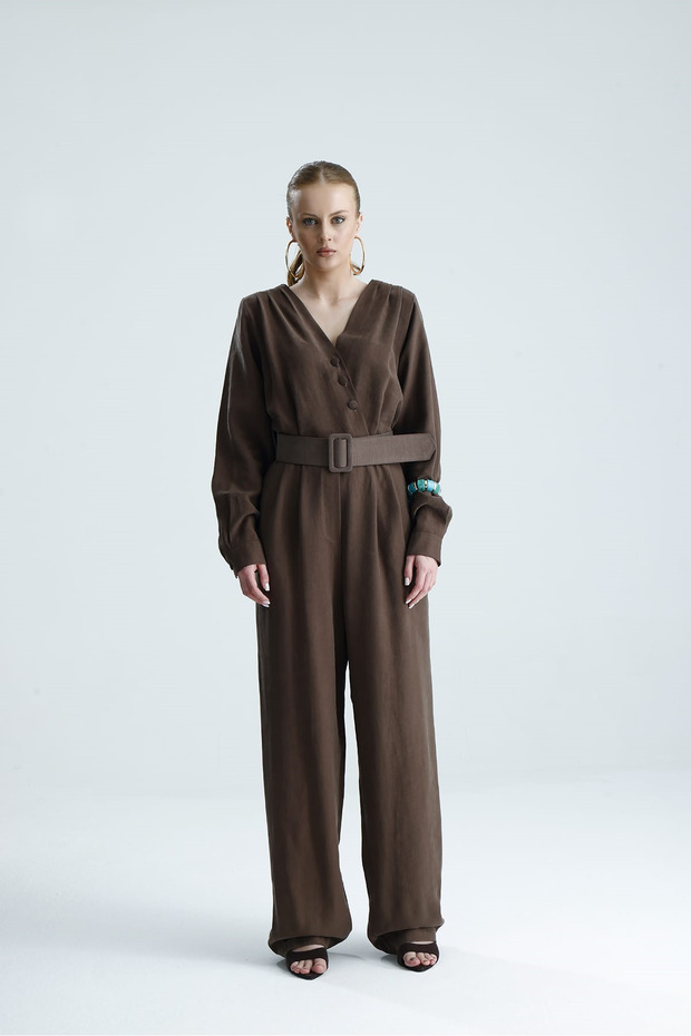Adara Belted Brown Double Breasted Collared Jumpsuit