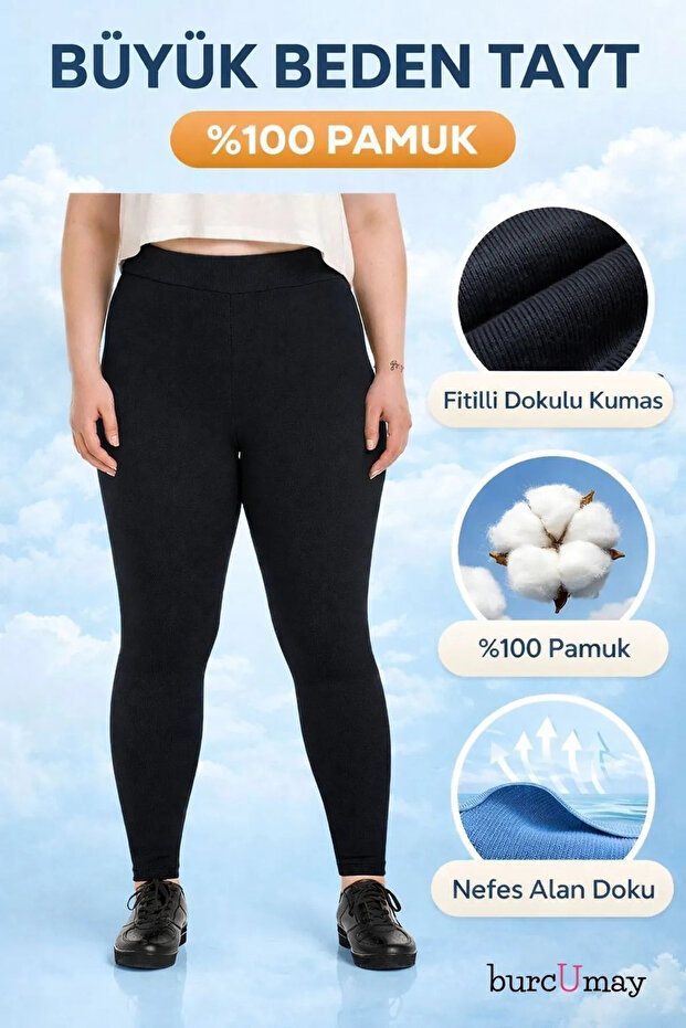 Women's Black Cotton Ribbed Plus Size Leggings