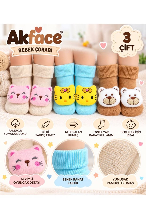 3 Pairs of Newborn Girl Baby Socks with Toys, Size Range 0-6 6-12. (Mannequin Feet Are Not Included)