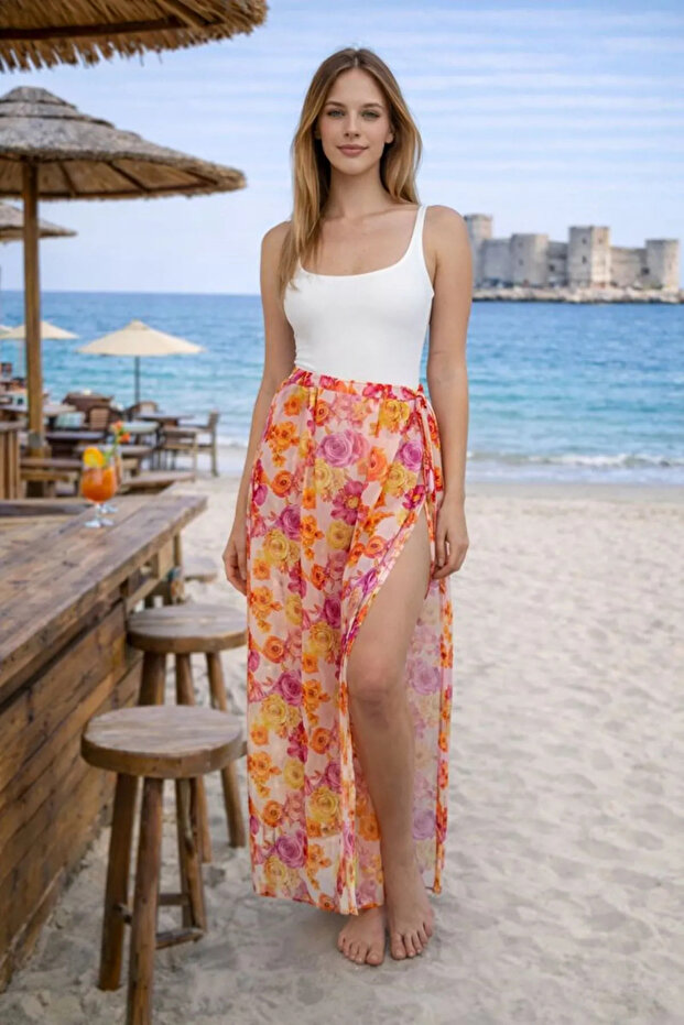 Women's Double Slit Patterned Orange Pareo Skirt
