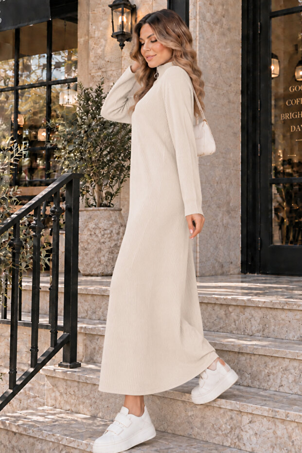 Corded Fabric Knitwear Dress K3005 Cream