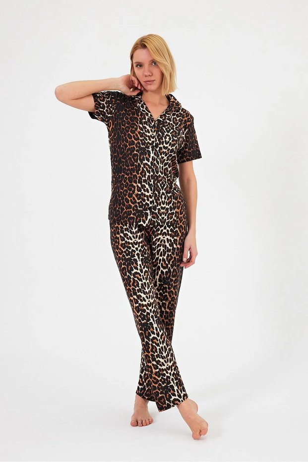 Women's Soft Textured 100% Cotton Leopard Print Brown Short Sleeve Shirt Collar Pajamas Set