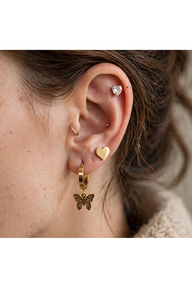 3-Piece Earring Set with Zircon Stones, Mini Heart and Butterfly Steel Earrings Set