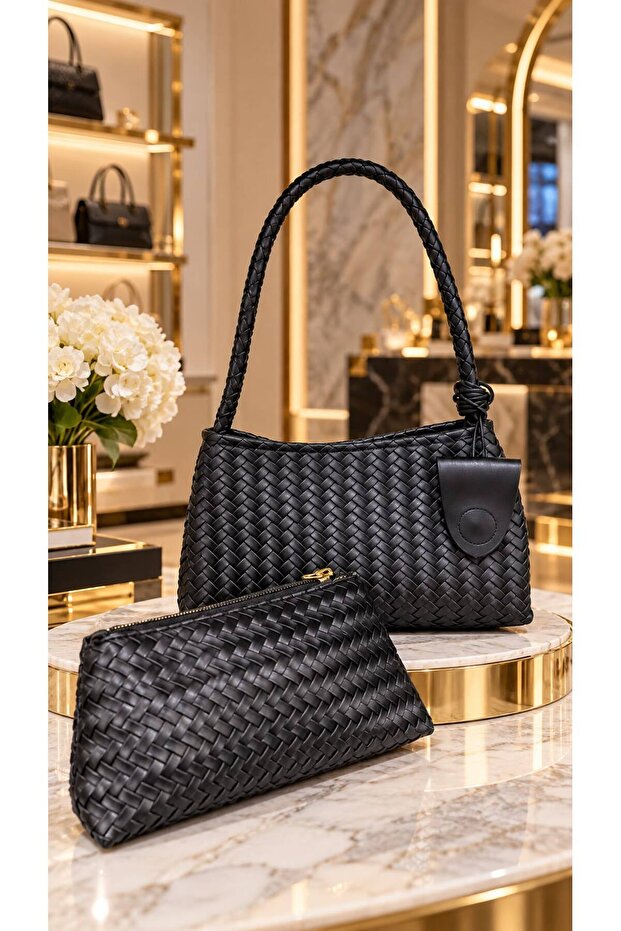 Black Faux Leather Quilted 2-Piece Set Women's Bag