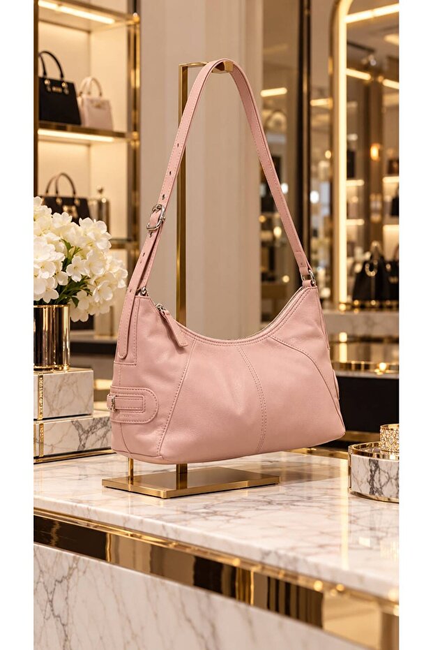 Pink Faux Leather Adjustable Strap Women's Bag 11X22 cm