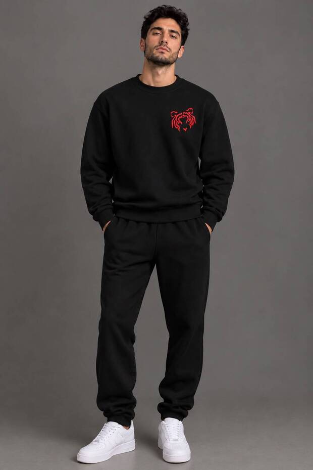 Zero Collar Sweat Suit 2-Piece Combination with Patterned Bottom and Top, Tiger Printed, Unisex