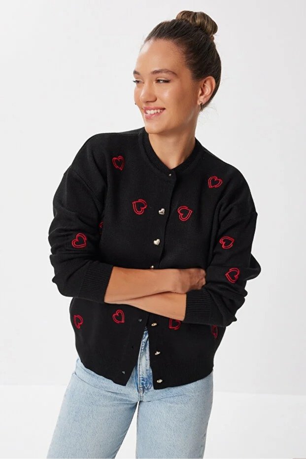 Women's Heart Patterned and Heart Buttoned Bohemian Knitwear Gold Cardigan