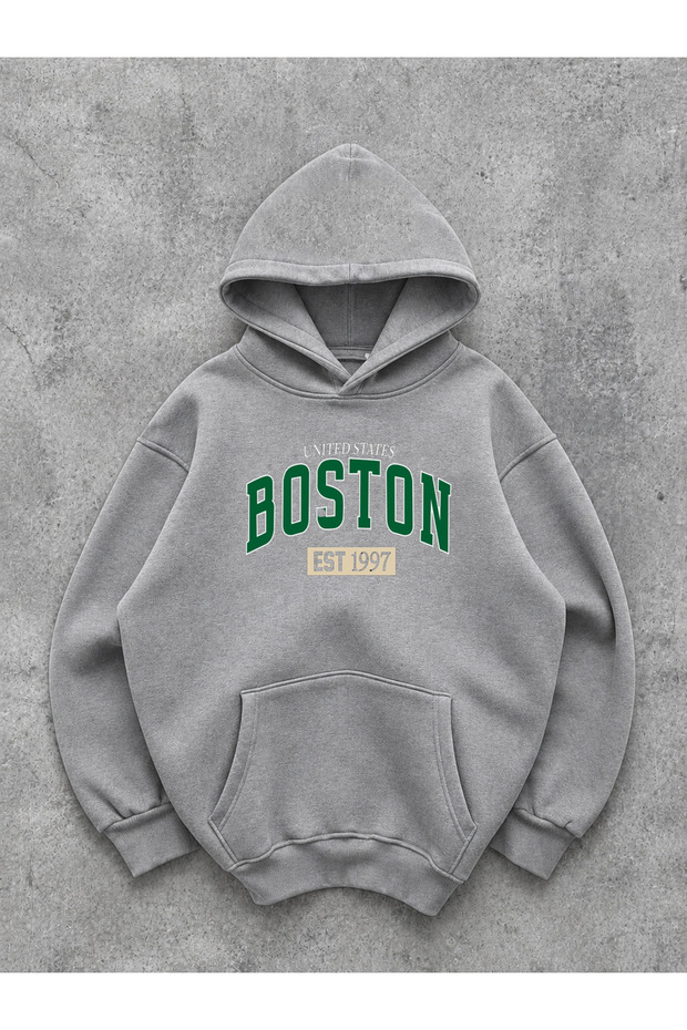 Gray Hooded Sweatshirt Boston Green Logo Design