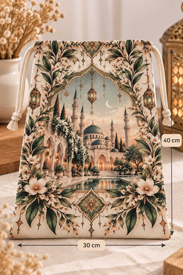 Prayer Garment Pouch 30X40 cm - Mosque Patterned Drawstring Pouch