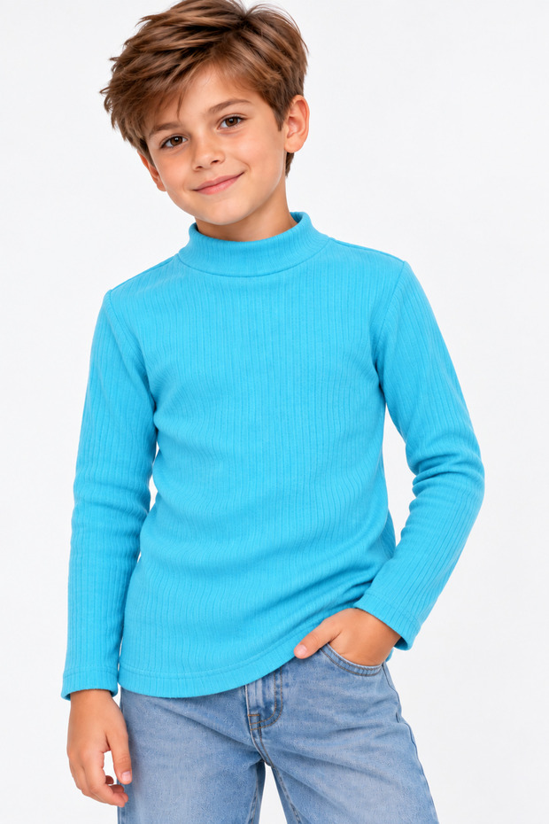 Boys Girls Ribbed Half High Neck Long Sleeve Basic Blouse Blue