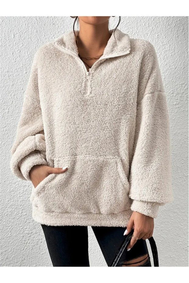 Plush Fabric Front Zippered Kangru Pocket Cuffed Sweatshirt