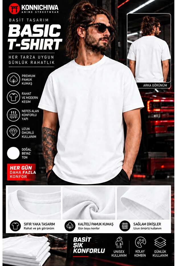 Basic T-Shirt Tee Tshirt – 4 Color Options Casual Unisex Model Black White Khaki Acid Wash
