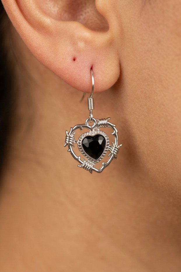 Black Heart Stone Gothic Women's Earrings with Barbed Wire Frame