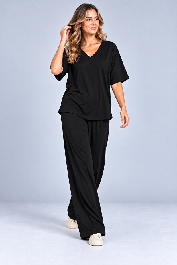 Women's V-Neck Casual Viscose Two-Thread Blouse and Wide-Leg Pants Two-Piece Set