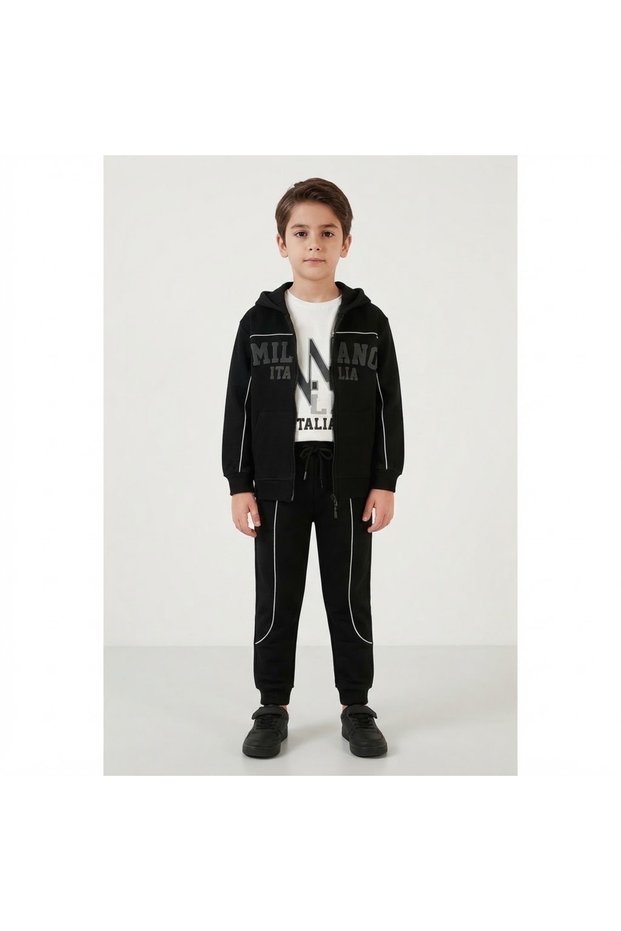 Boys' Printed Hooded Top & Bottom and T-Shirt Tracksuit 3-Piece Set