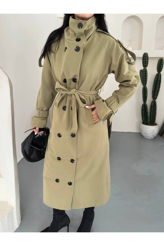 Water-Repellent, Full-Button Front, Stand-Up Collar, Detailed Belted Long Trench Coat