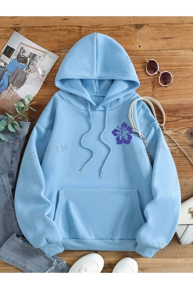 Flower Printed Premium Oversize Hooded 3 Thread Cotton Sweatshirt