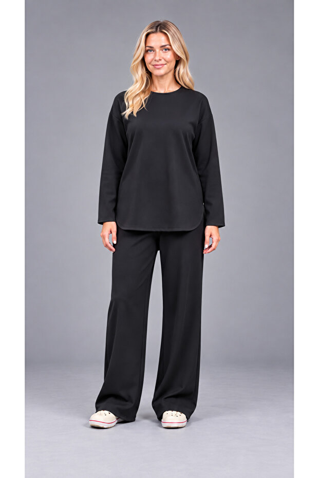 Alt Üst Sucuba Black Long Sleeve Tunic, No-Show Pants, Elastic Waist, Pocketed Set