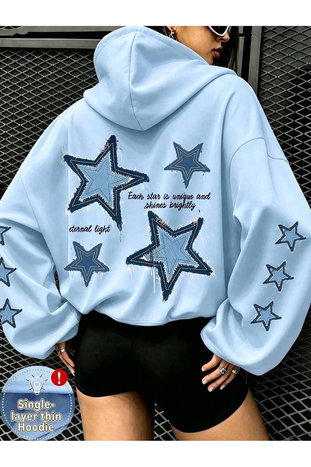 Star Printed Premium Oversize Hooded 3 Thread Cotton Sweatshirt