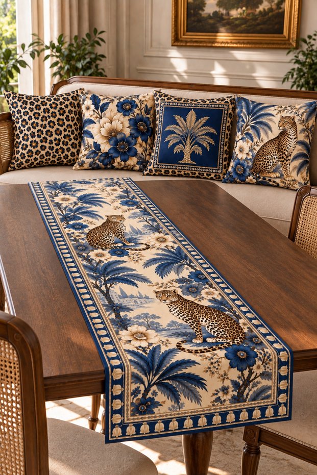 Navy Blue Leopard Patterned 4-Piece Throw Pillow Cover and Runner Set
