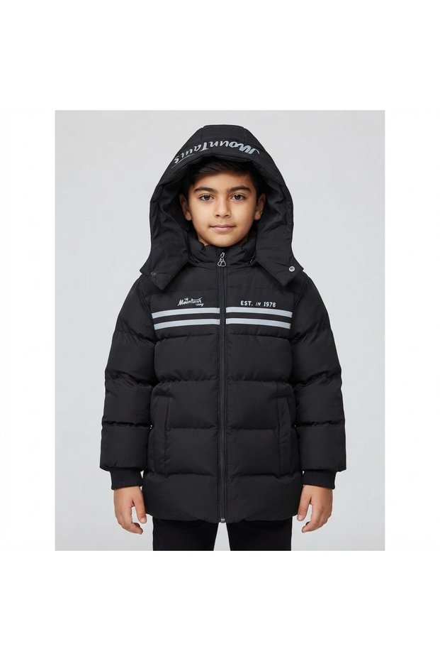 Boys' Winter Inflatable Coat with Hood, Fiber-Filled, Cold-Proof