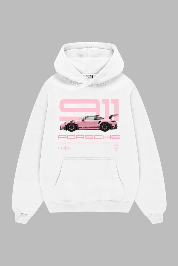 911 Pink Printed White Oversize Unisex Hoodie