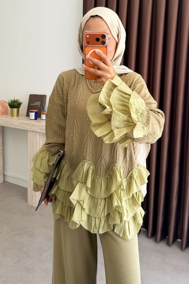 Layered Ruffle Detailed Knitwear Trouser Set - Mold Green
