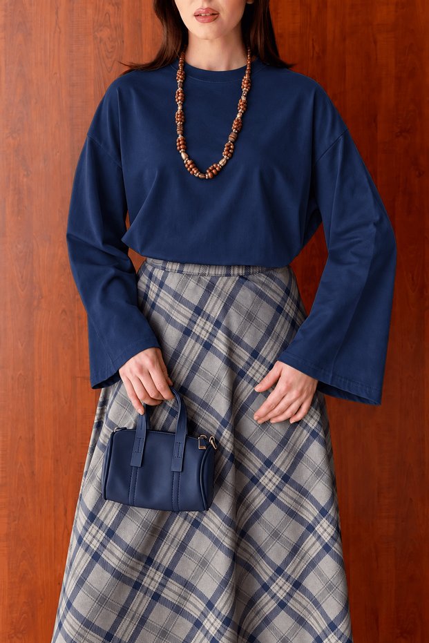 Crew Neck Wide Sleeve Blouse Navy Blue