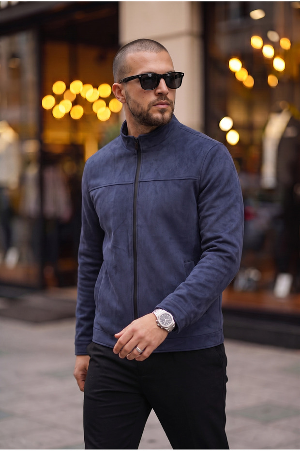Basic Slim Fit Seasonal Stand Collar Suede Jacket