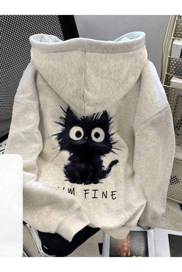 Unisex Men/Women I'M Fine Detail Cute Cat Back Print Premium Hooded 2 Thread Oversize Sweatshirt Hoodie