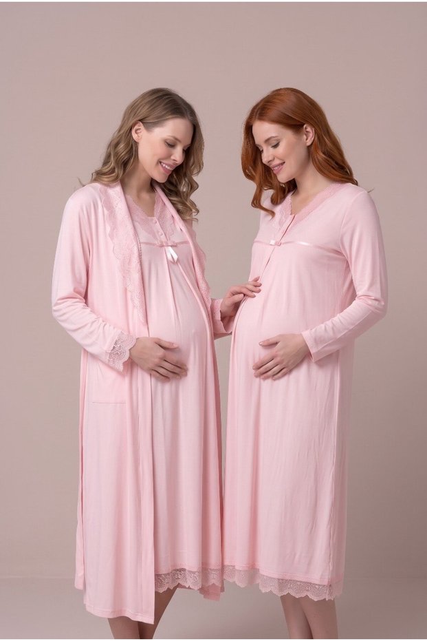Women's Powder Lace Long Sleeve Maternity Nightgown Set with Easy Breastfeeding Feature and Dressing Gown