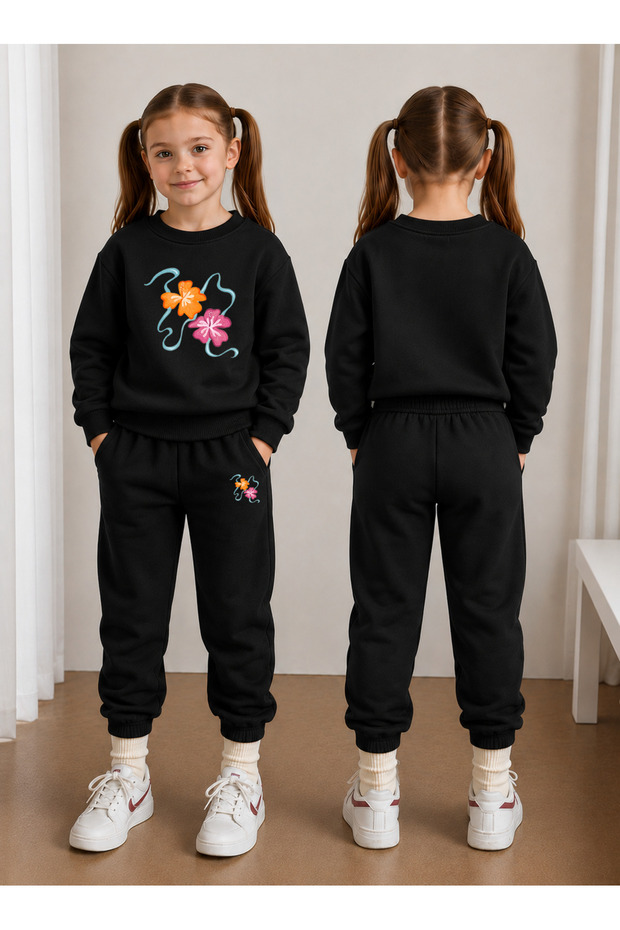 Crew Neck Sweatshirt Tracksuit Set for Girls, 2-Piece Printed Top and Bottom Set