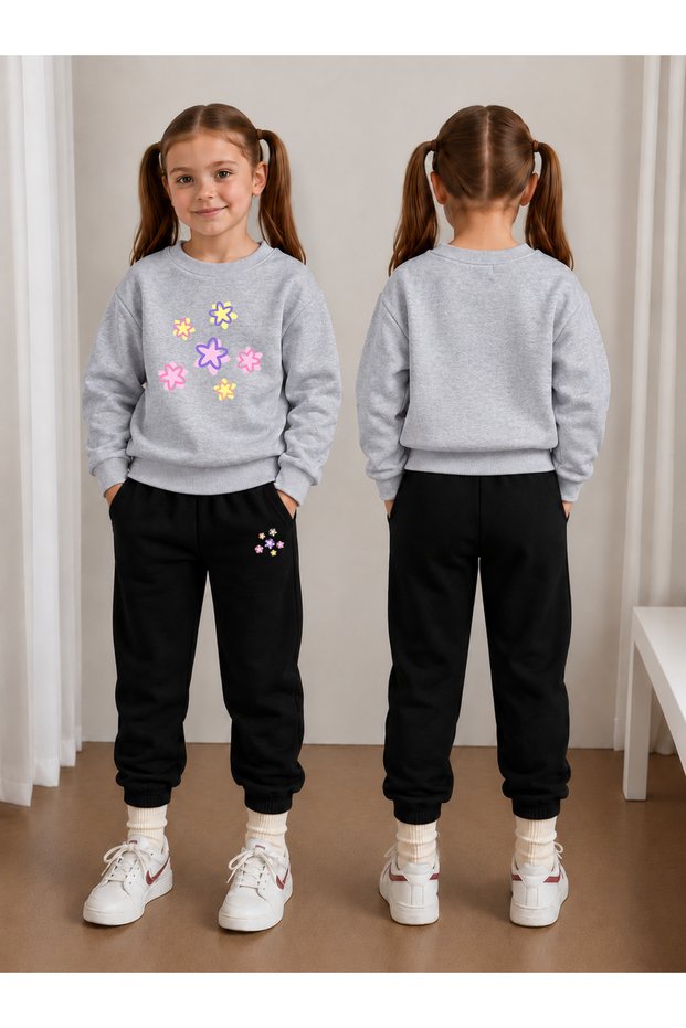 Crew Neck Sweatshirt Tracksuit Set for Girls, 2-Piece Printed Top and Bottom Set