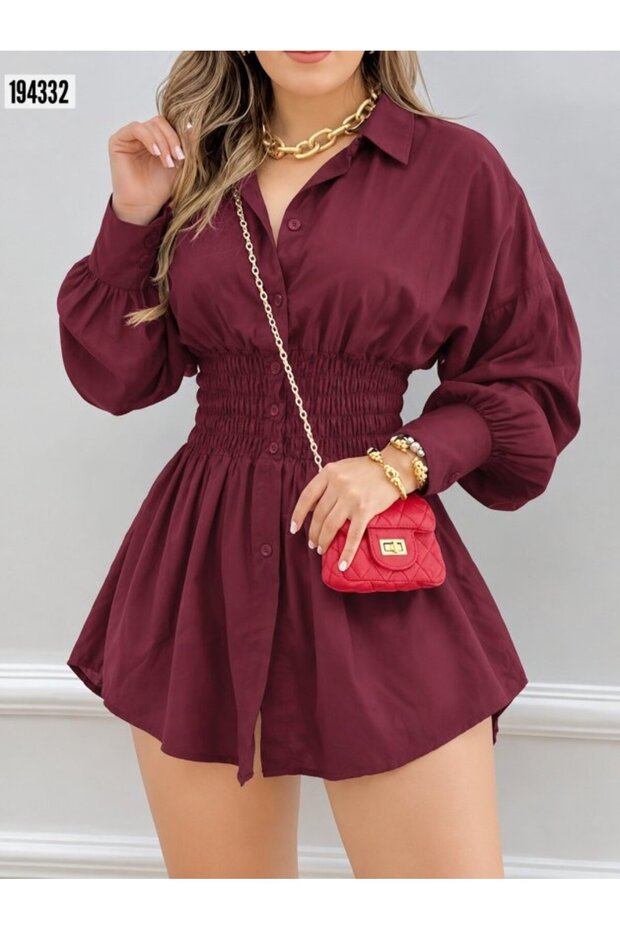 Women's Long Sleeve Collared Tricot Blouse with Elastic Waist