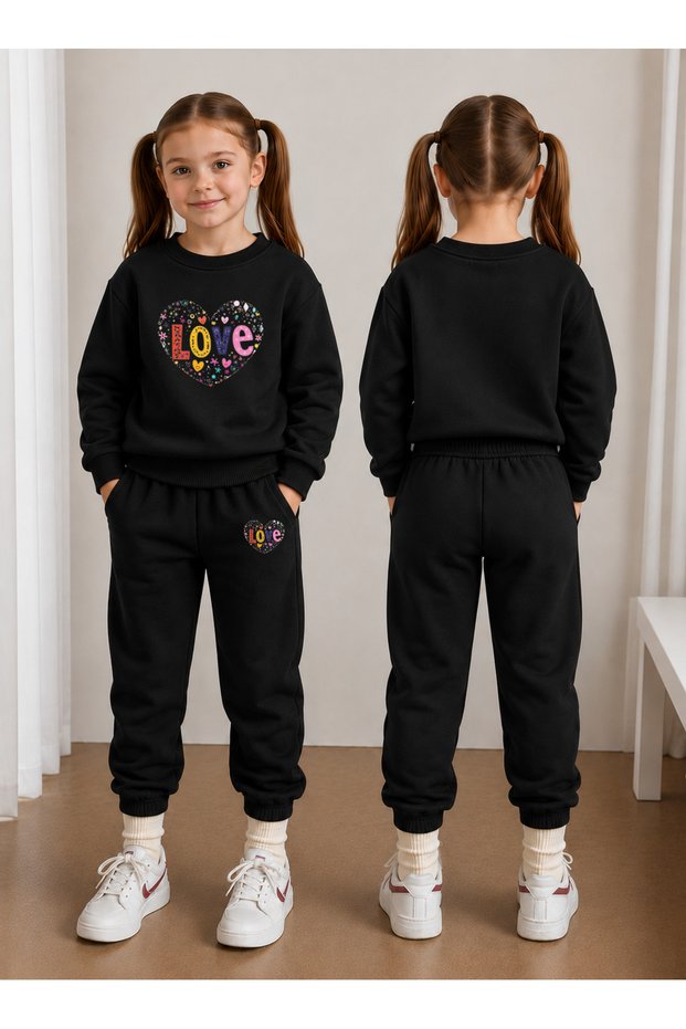 Crew Neck Sweatshirt Tracksuit Set for Girls, 2-Piece Printed Top and Bottom Set
