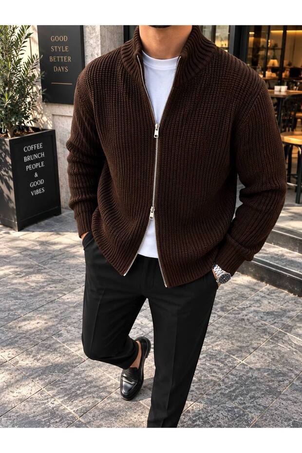 Double Zipper Stand Collar Regular Fit Men's Knitwear Cardigan