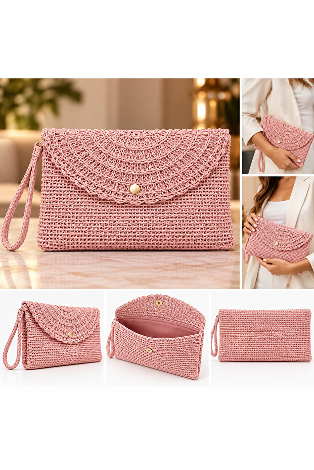 Women's Powder Pink Knitted Clutch Bag – Evening Dress and Daily Shoulder Bag with Hand-Knitted Look Strap