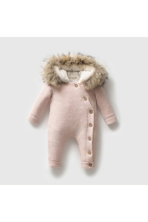 Nipperland Hooded Fur Detailed Plush Inside Baby Knitwear Jumpsuit - Side Buttoned Knitted Winter Astronaut Jumpsuit