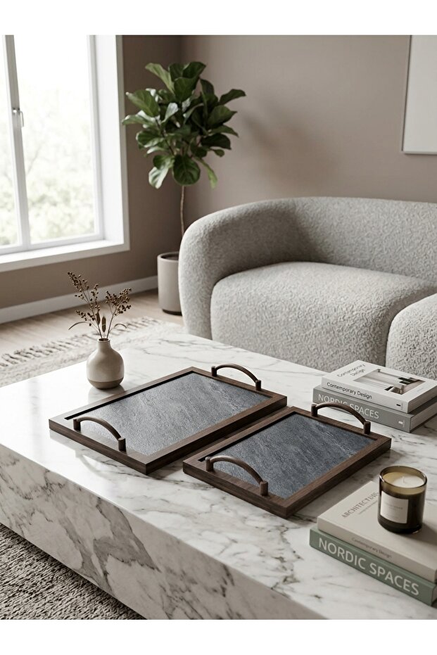 Rectangular Serving Tray Set Wood/Grey Color Elegant & Modern Design