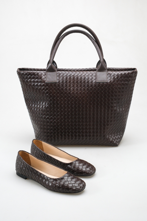 Brown Women's Knitted Ballerina Flats and Large Handbag Set Stylish Shoe and Bag Set