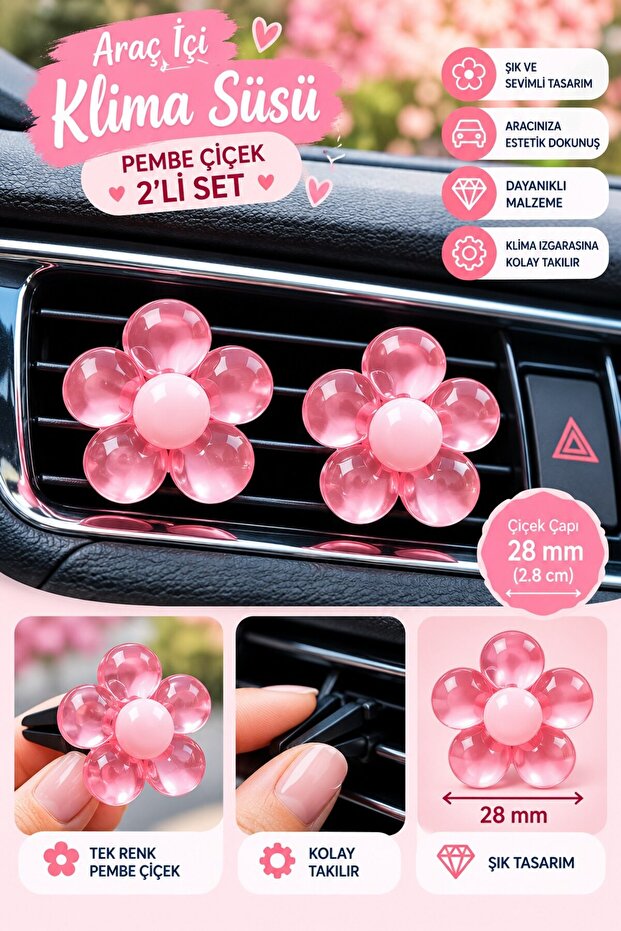 Pink Flower Set of 2 Car Interior Air Conditioning Ornaments – Decorative Air Vent Ornament with Pink Hub