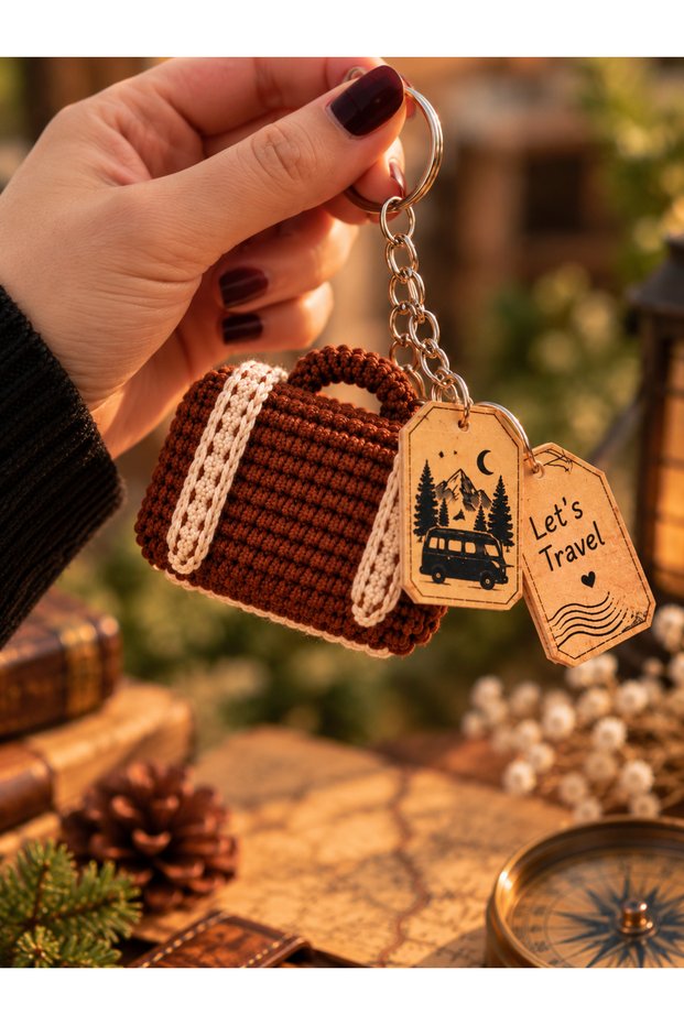 Hubush Handmade Knitted Mini Suitcase Keychain – Brown with Travel Tag