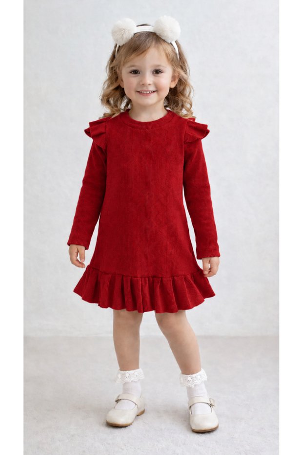 Baby Girl Child Ruffle Ribbed Dress Long Sleeve Casual Stylish Dress %100 Cotton