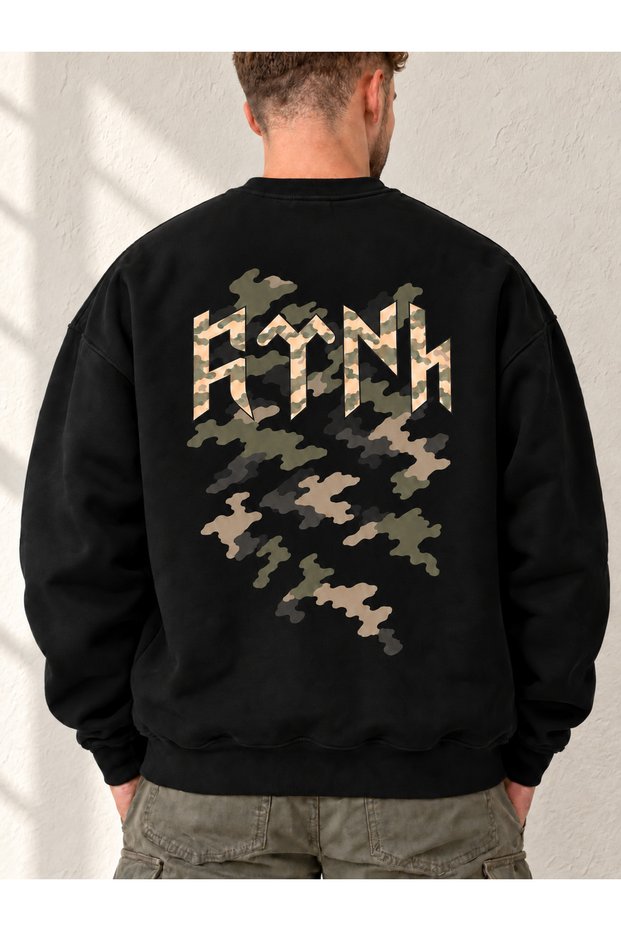 Oversize Sweatshirt Circular Neck Turkish Printed Camouflage 3 Yarn Count