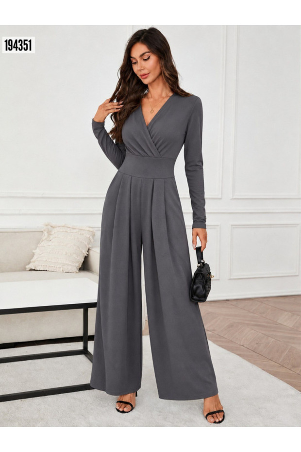 Women's Long Sleeve Double-Breasted Front Pleated Collared Long Janjan Jumpsuit